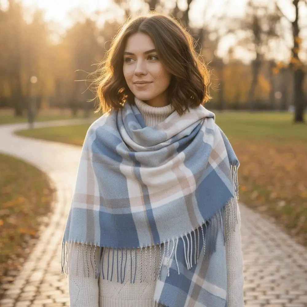 

Soft Classic Plaid Scarf Contrast Color Cold-proof Knitted Wool Scarf Polyester Acrylic Fibers Long Neckscarf with Tassel