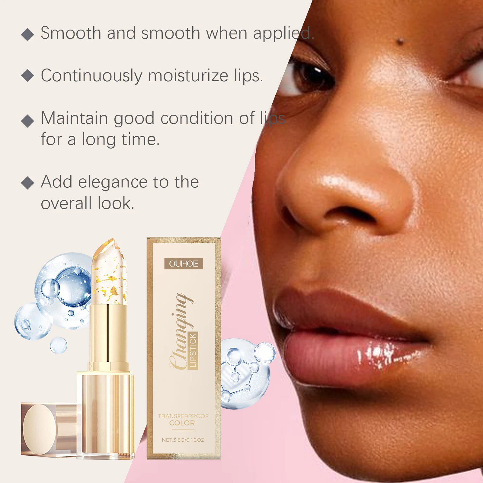 OUHOE Gold Foil PH Color Changing Lip Balm Moisturize Repair Chapped Lips Plumping Glossy Non‑Sticky Long Lasting Lip Care Balm