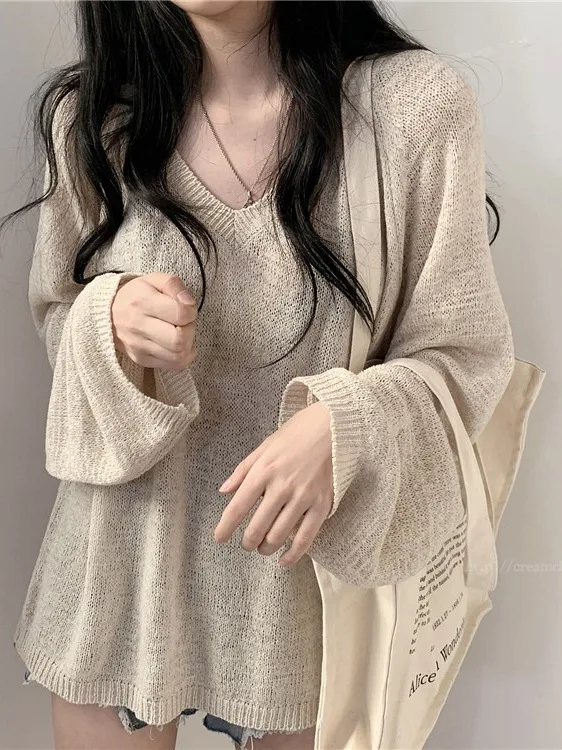 Soft Style Knitted V-Neck Loose Women's Top Elegant Slimming Spring Autumn Casual Fashion Commute Style Long Sleeve Crew Neck