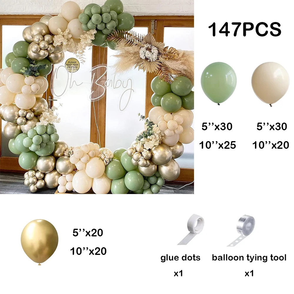 147Pcs Avocado Green White Sand Balloon Sage Green Gold Balloons Garland Arch Kit Jungle Safari Baby Birthday Party Decoration