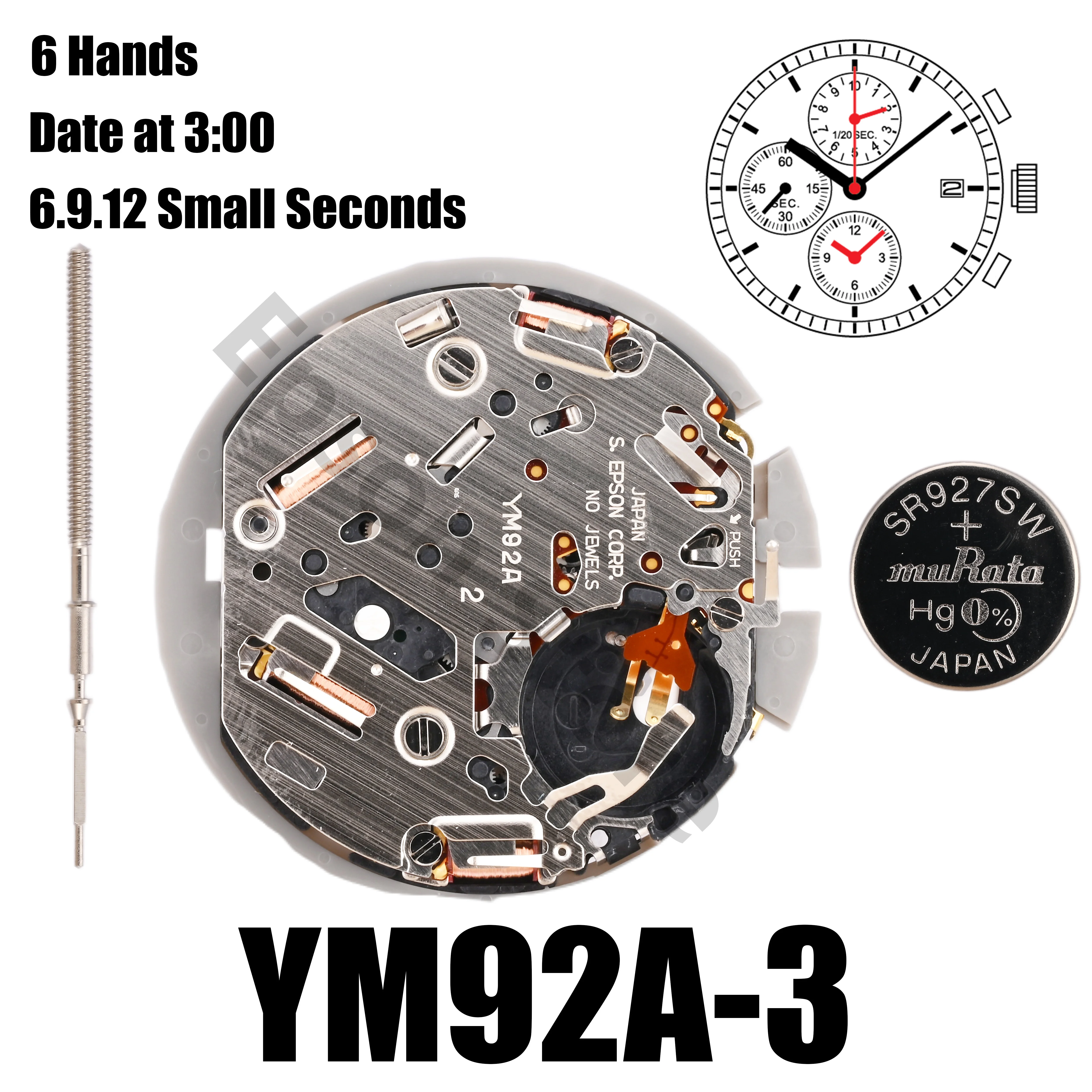 小さな秒の動き、6ハンド、ym92、ym92a、サイズ12インチ、高さ3.70mm、1/20秒クロノグラフクロノグラフ