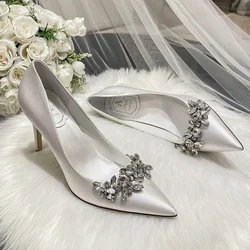 Size 32-43 Women White Wedding Shoes Crystal Bride Shoes Champagne Color Bridesmaid Shoes Rhinestone Stiletto