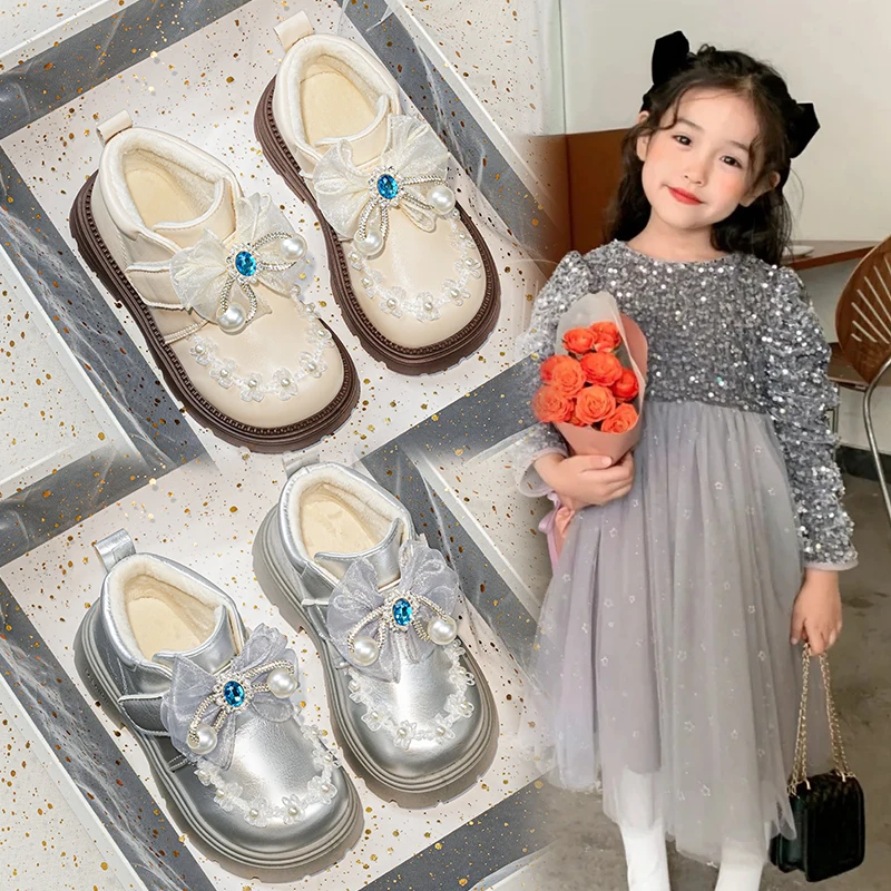 

Kids Thick and wear-resistant Sweet Lace Girls 2025 NEW Round Toes Soft Bottom 2025 New Children Children Cotton Shoes