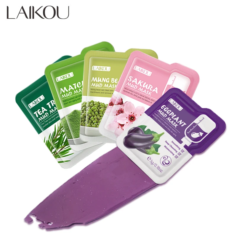 Laikou-lama máscara, sakura, matcha, berinjela, árvore do chá, feijão mungo, controle de óleo, limpeza profunda, cuidados com a pele facial, 5pcs