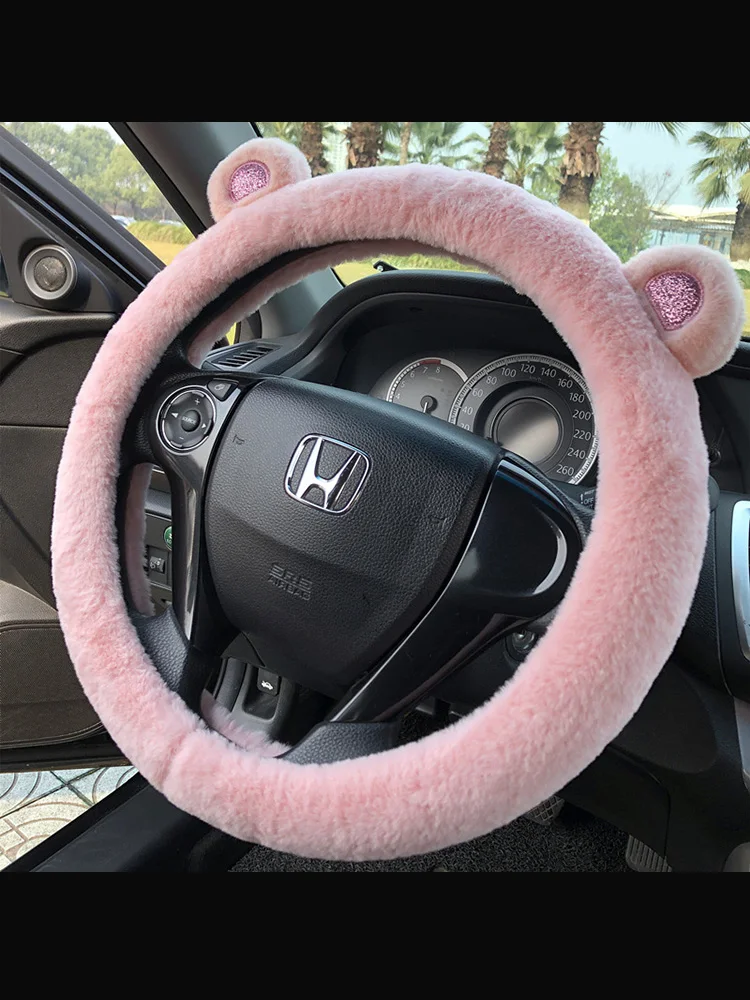 Krótki pluszowy pokrowiec na kierownicę Kawaii Winter Warm uchwyt samochodowy pokrowiec antypoślizgowy Cartoon urocze kocie uszy pokrowiec na kierownicę różowy prezent — zdjęcie 2