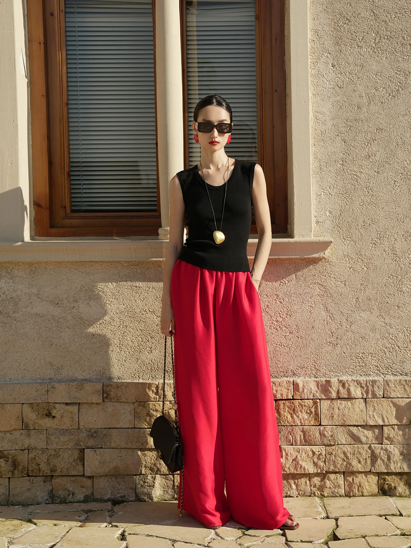 

LemonChen Holiday Stand-Out Red Wide Leg Pants Double Silk Gauze High Waist Long Length Faionable Versatile Summer 2025