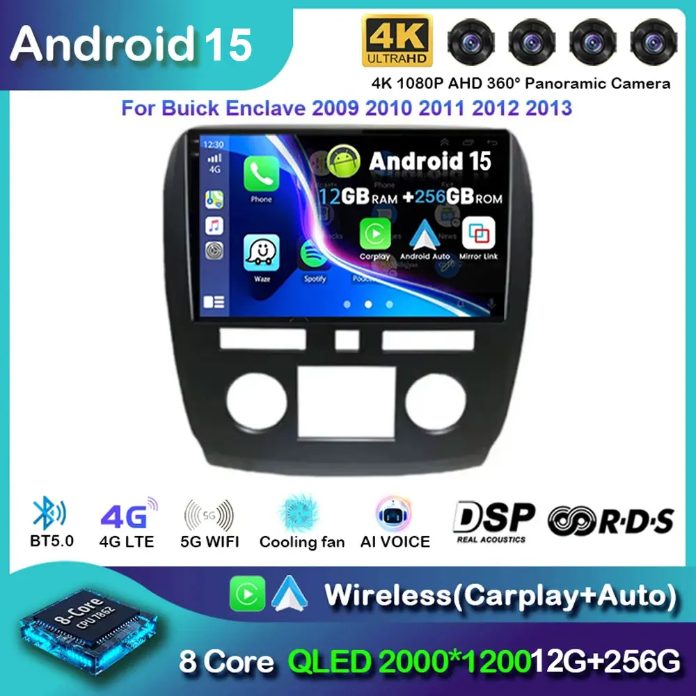 Radio de coche estéreo Multimedia navegación GPS reproductor de vídeo inalámbrico Carplay Android 15 para Buick Enclave 2009 2010 2011 2012 2013