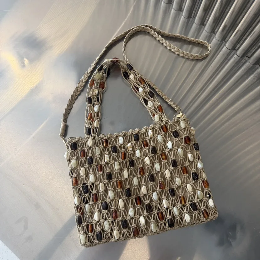 Bohemian Rope Crochet Women Bag Color Beading Beach Bags for Women Handmade Hollow Knitting Handbags and Purses Woven Bag NEW