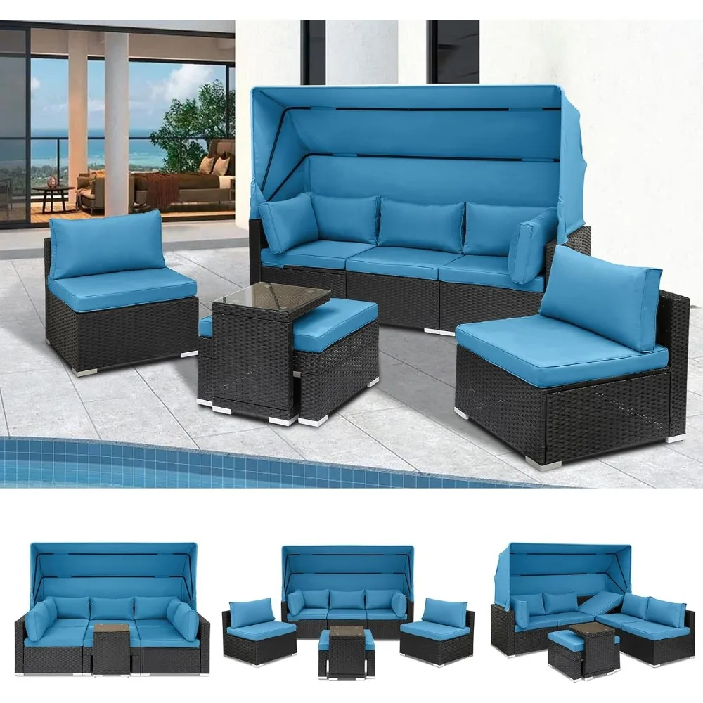 Set Sofa Dedalu luar ruangan, Set furnitur halaman, sandaran dan bantal dapat disesuaikan, meja penyimpanan, 7 buah