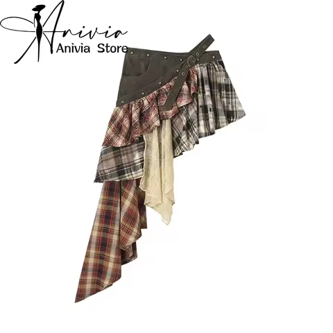 Women's Maillard Grid Splicing Skirt Y2K Irregular Stacked Japanese Harajuku Street Fashion Academy Retro Mini A-line Skirt 2024