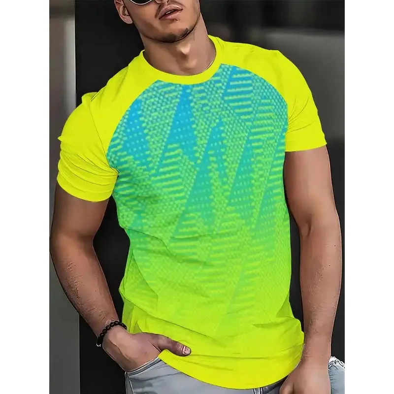 Men's Quick Dry Sports T Shirt High Elasticity Fluorescent Yellow Gradient Cyan Point Stripes Raglan Sleeve Breathable Training