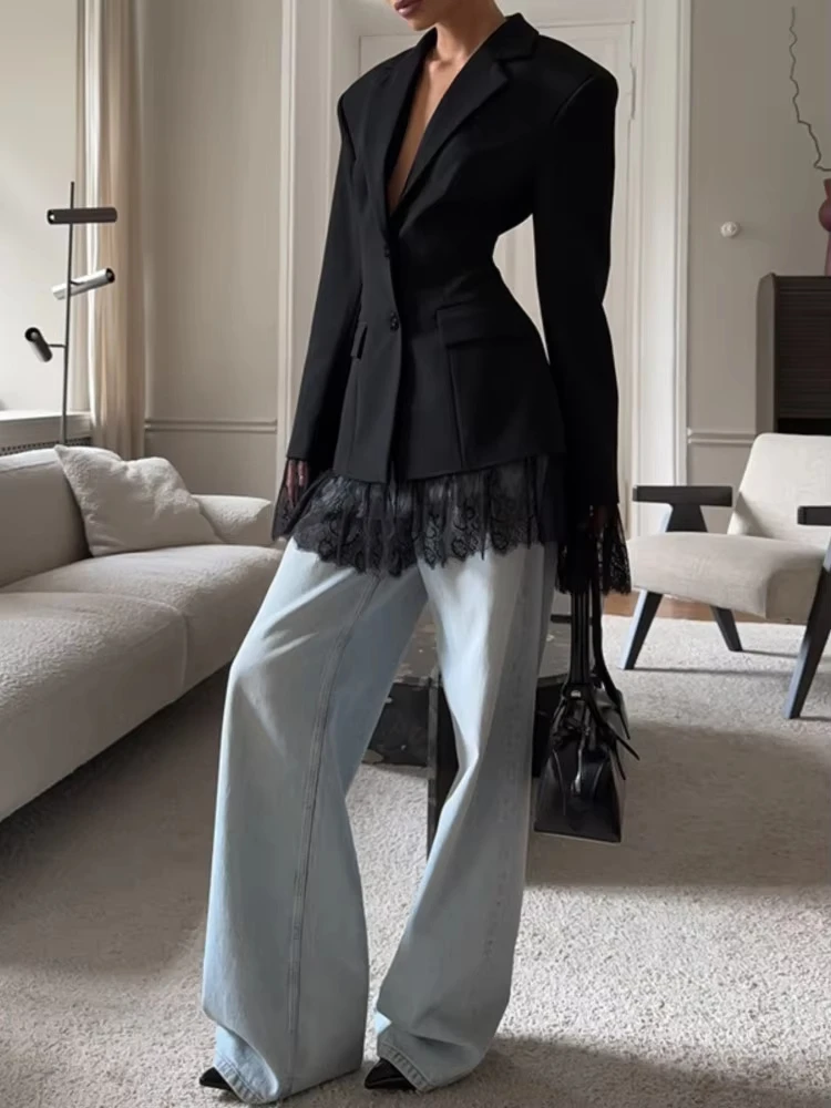 

Элегантный кружевной пиджак, женский модный офисный женский однобортный пиджак с длинными рукавами, новинка 2025, осенние черные повседневные тонкие пальто