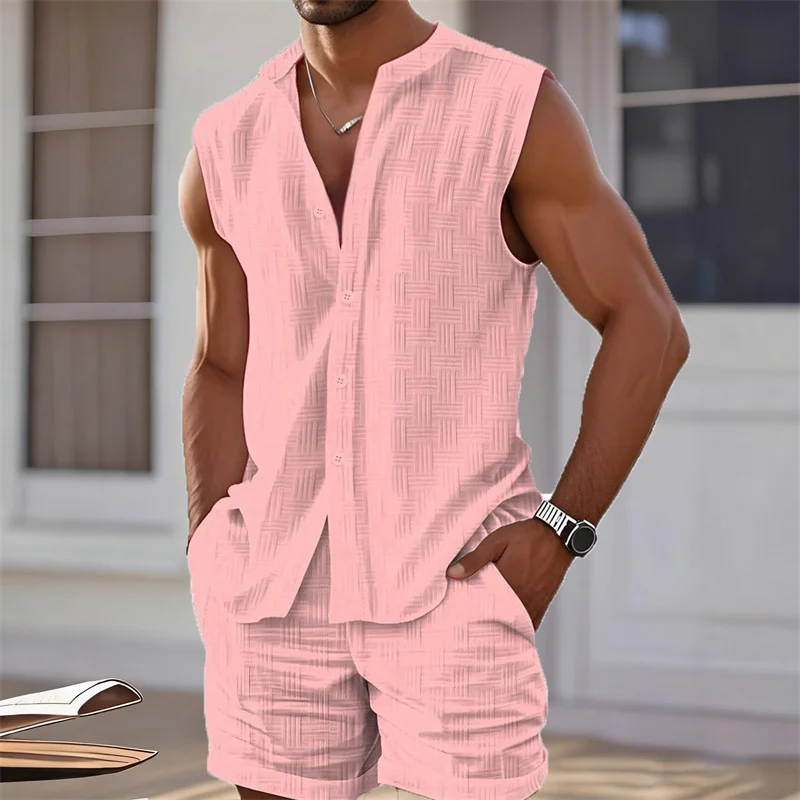 2025 nova camisa de colete masculino, topo sem mangas e shorts xadrez conjunto de duas peças, casual na moda sem mangas shorts havaiano praia conjunto