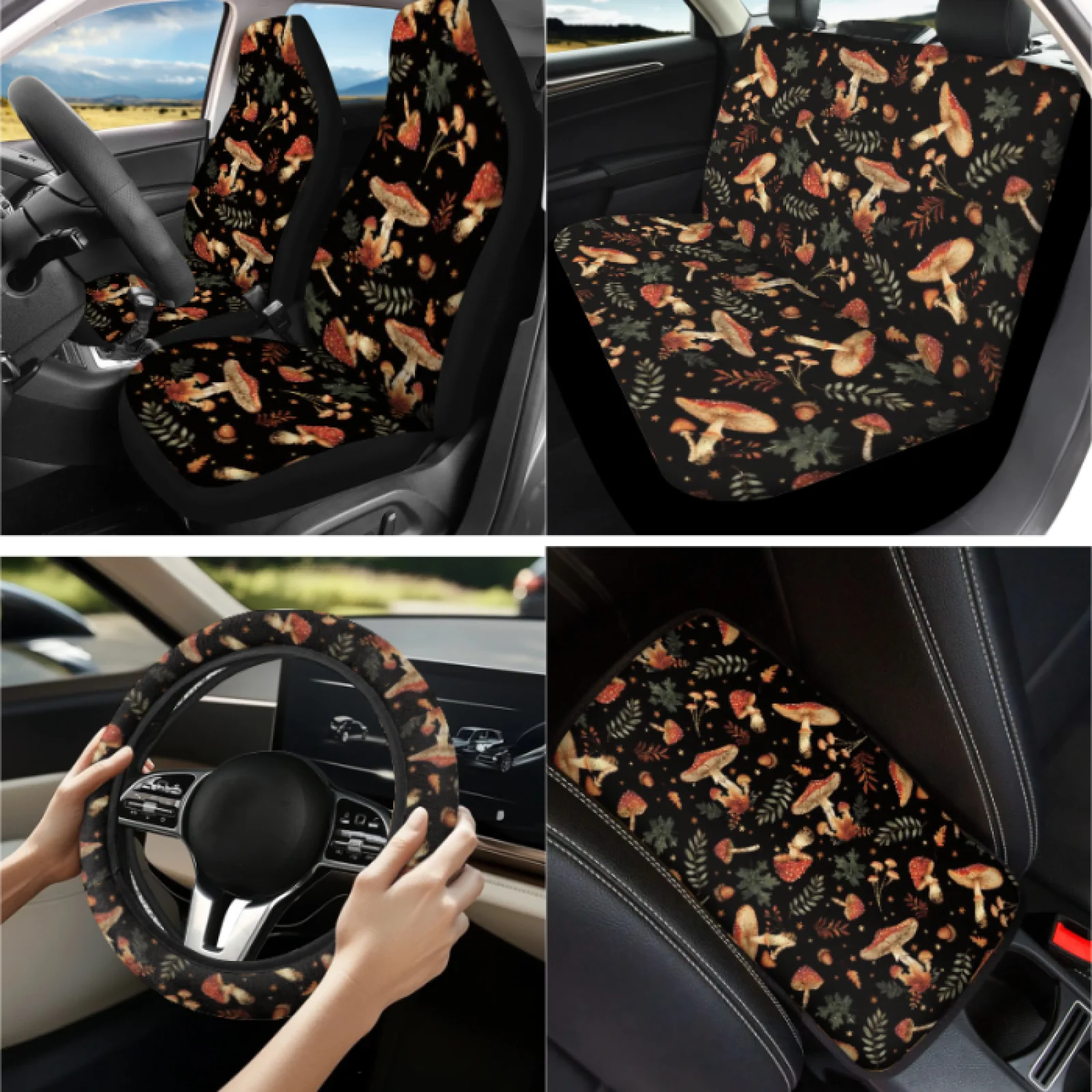 Coloranimal Mushroom Botanical 13 PCS Car Seat Cover Set with Comfortable Steering Wheel Cover and Car Armrest Protection Cover