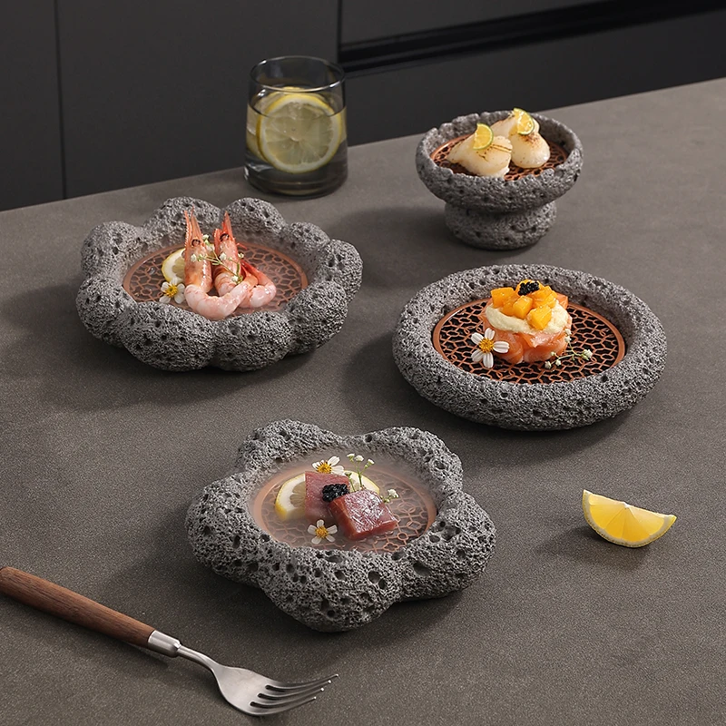 Exploring the Taste of Planet Stone Bowl, Internet Red Roast Meat, Meteorite, Volcano Ball Position, Circular Plate, Smoked Ash