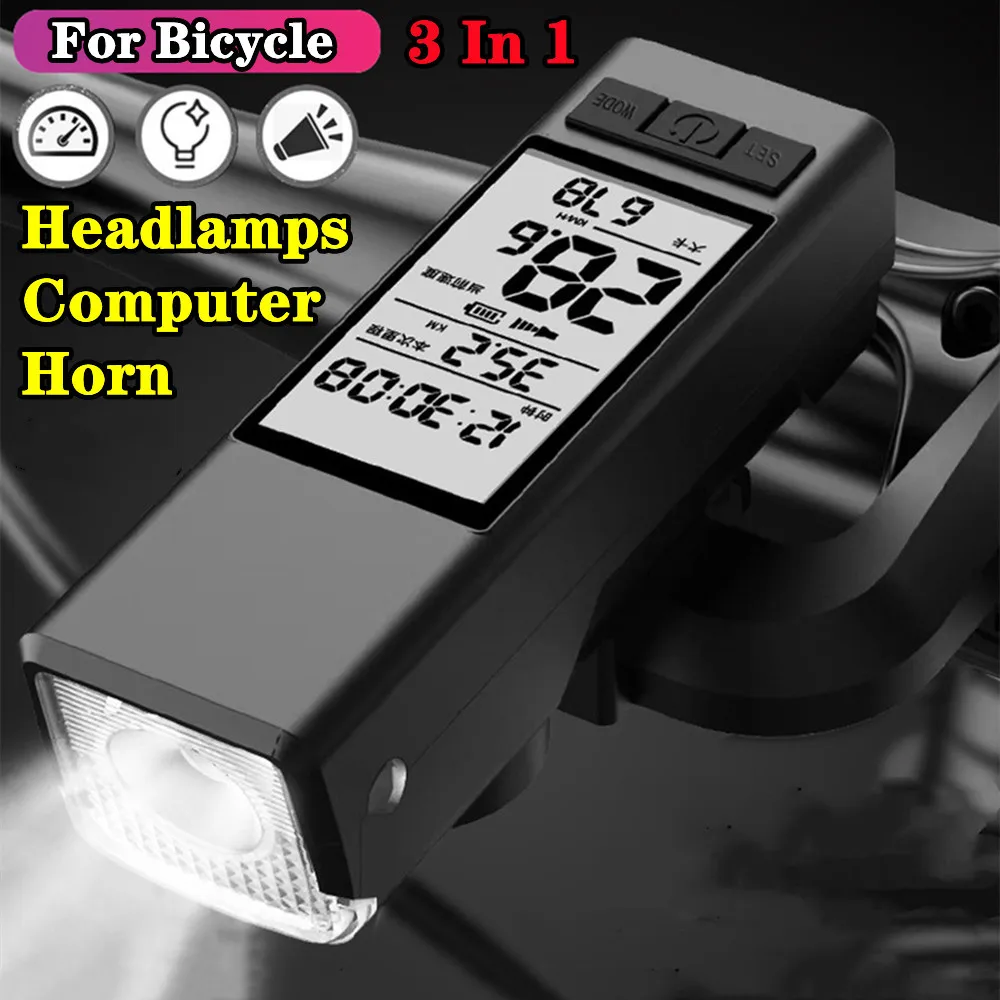 

Bike Headlight Speedometer Horn 3 in 1 Multifunctional Rechargeable Bicycle Front Lamp Cycling Computer MTB Light Flashlight