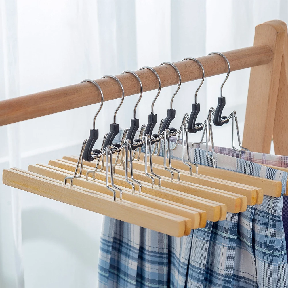 5/10pcs Wooden Pants Hanger Multifunctional Solid Wood Non-Slip Clothes Drying Rack For Jeans Skirts Slacks,Clamp Hangers