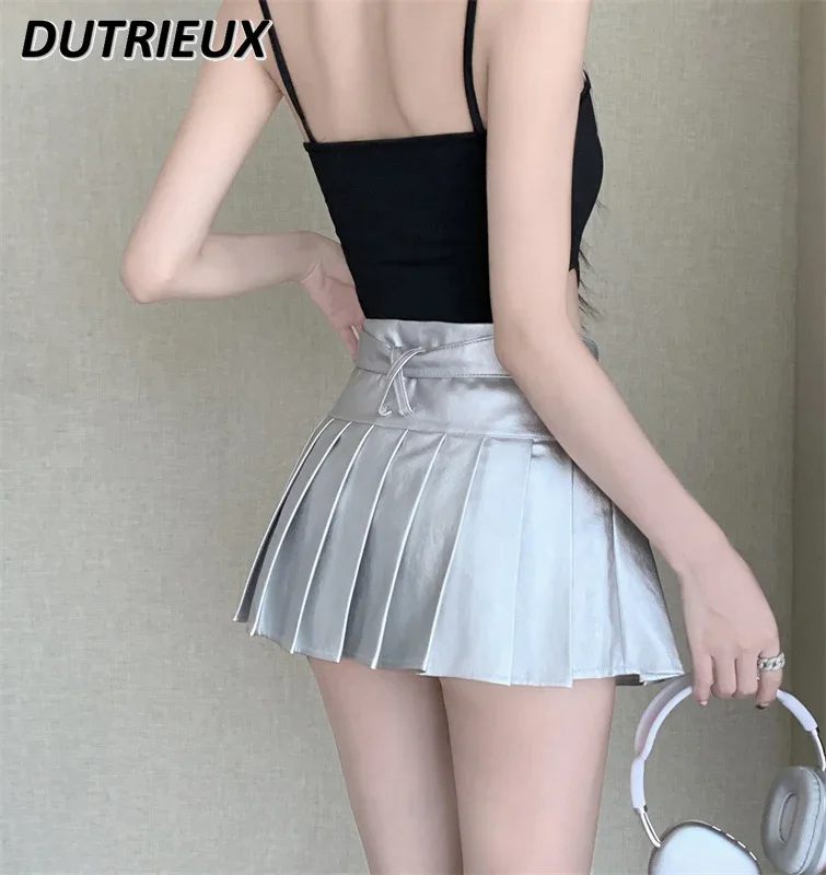 Hot Girl Silver Pleated Skirt Women's Summer American Double-Headed Belt Leather Skirts Short Design Sense A- Line Faldas