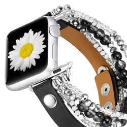 Leather Strap For Apple Watch Ultra 2 Band 49mm 40mm 38mm 41mm Women Elastic Beaded Bracelet Iwatch Series 9 8 7 6 SE 5 4 3 45mm