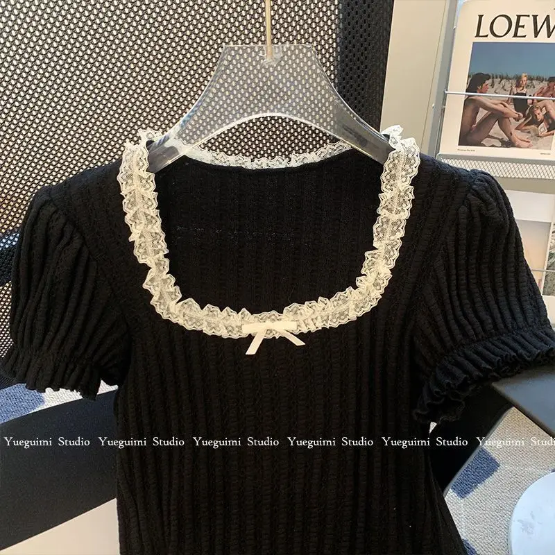 Black Square Neck Short Sleeved T-shirts Women Clothing Crop Top Ropa Mujer Camisetas Summer Tee Knitwear Graphic T Shirts
