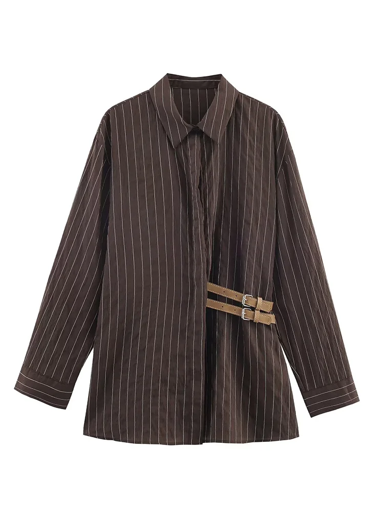 

HH Women Fashion Turn-down Collar Buckle Decoration Striped Long Sleeve Blouse Female Autumn High Street Single-Breasted Shirt