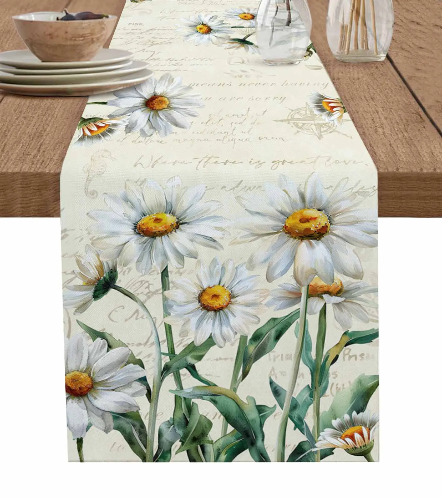 

Spring Flower Daisy Retro Linen Table Runners Kitchen Table Decoration Accessories Dining Table Runner Wedding Party Supplies