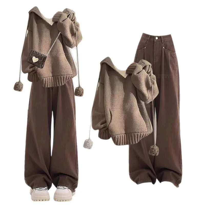 Autumn College Style Set, Women's Lazy Style Hooded Knitted Sweater Paired with High Waisted Slimming Jeans Two-piece Set Pant