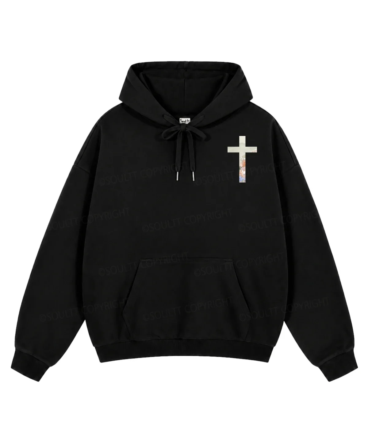 Vintage Christian Hoodie Front Floral Landscape Cross Print Kangaroo Pocket Drawstring Pullover For Men Women Loose Long Sleeve
