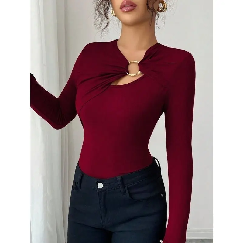 

Women Clothing Vintage Slim Hollow Out Long Sleeve Tops Tees Spring Autumn Solid Simplicity Temperament T Shirts Fashion Elegant