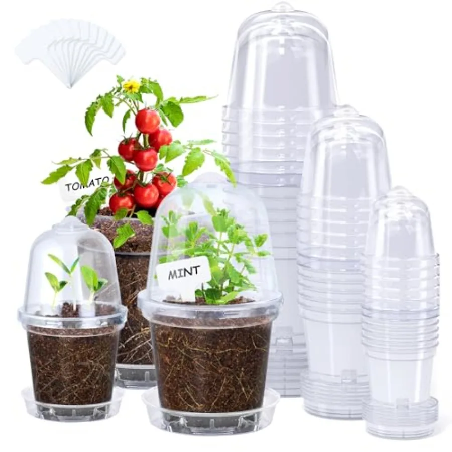

Clear Nursery Pots 18 Pack andPlant Saucers Rigid Plastic Nursery Pots Drainage, Transparent Flower Pots for Seedlings, 360° Ro