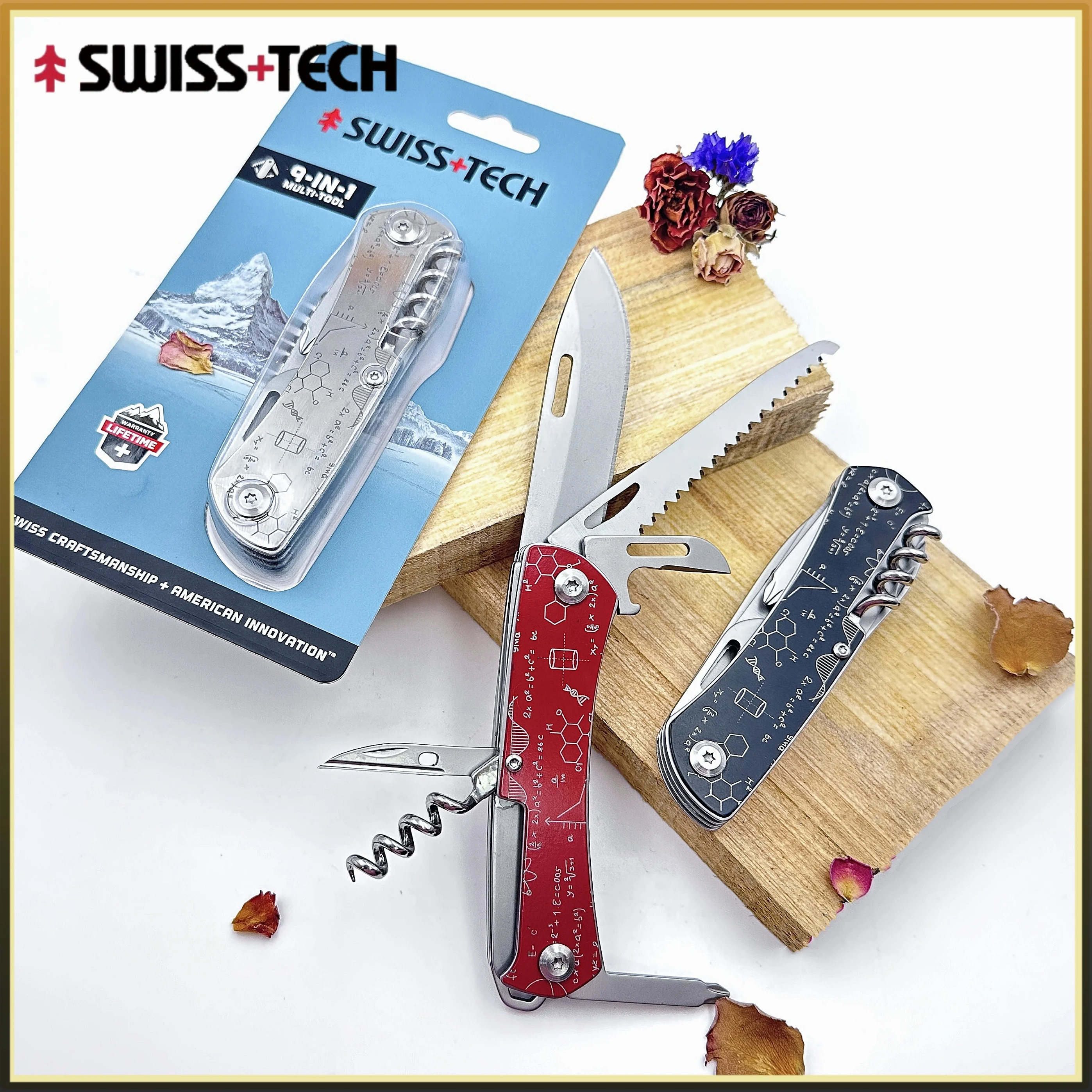 

SWISS+TECH 9-IN-1 Parrot Folding Military Knife Multi-Tool Outdoor Emergency Portable Pocket Knife Wooden Saw Bottle Opener