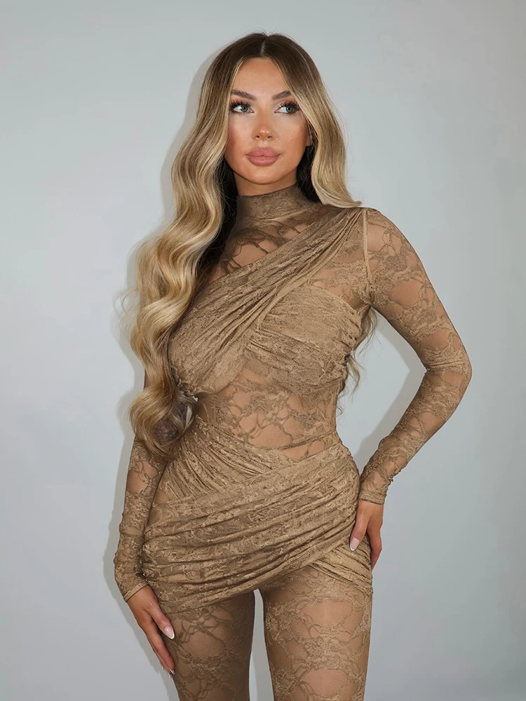 

Jacquard Patchwork Jumpsuits Woman Sexy See Through Turtleneck Backless Full Sleeve Ruched Skinny Peach Buttocks Overalls