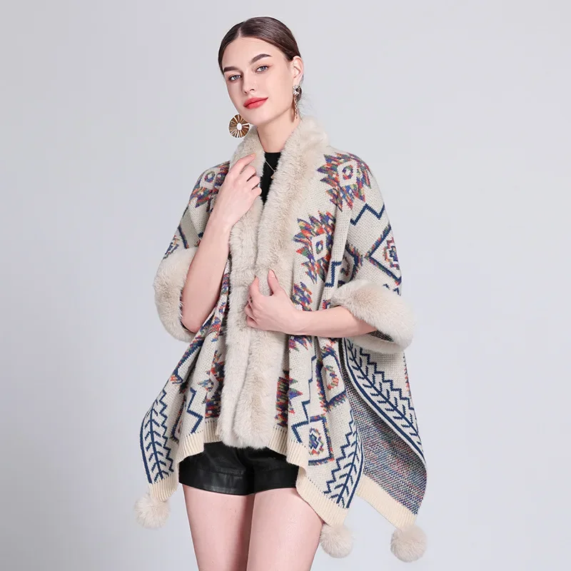 Winter Women Printed Poncho Cape Thick Warm Batwing Sleeve Pompon Cloak Faux Fur Ball Streetwear Knitted Cardigan Shawl Overcoat