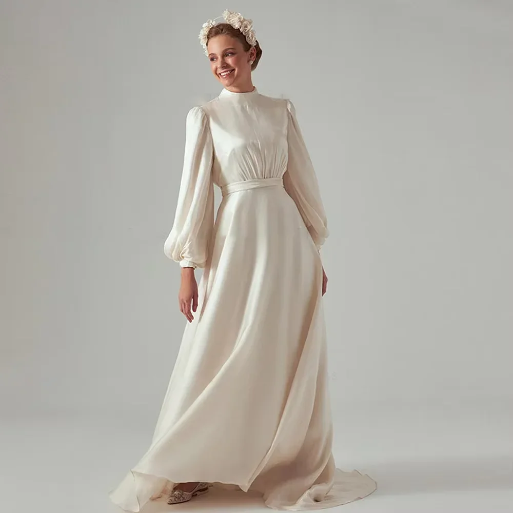 

Elegant Women's Evening Dress Prom Dresses Formal Party Gown A-line Floor-length Long Sleeve Ruffle Pleated Dress Customized