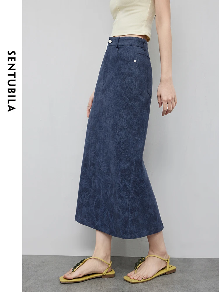 SENTUBILA Women Tie Dye Denim Skirt Female 2024 Summer Simple Commute Comfortable Cotton Blend Straight Midi Skirts 142Q54084