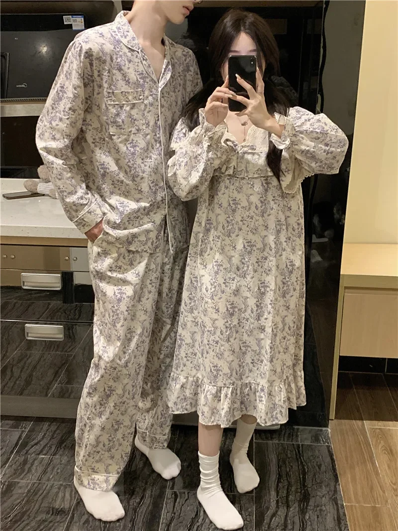 100% Cotton Ruffle Couple Sleepwear Women Men Painting Pyjamas Long Sleeve Nightdress Autumn Winter Sets Pants Home Clothes S435