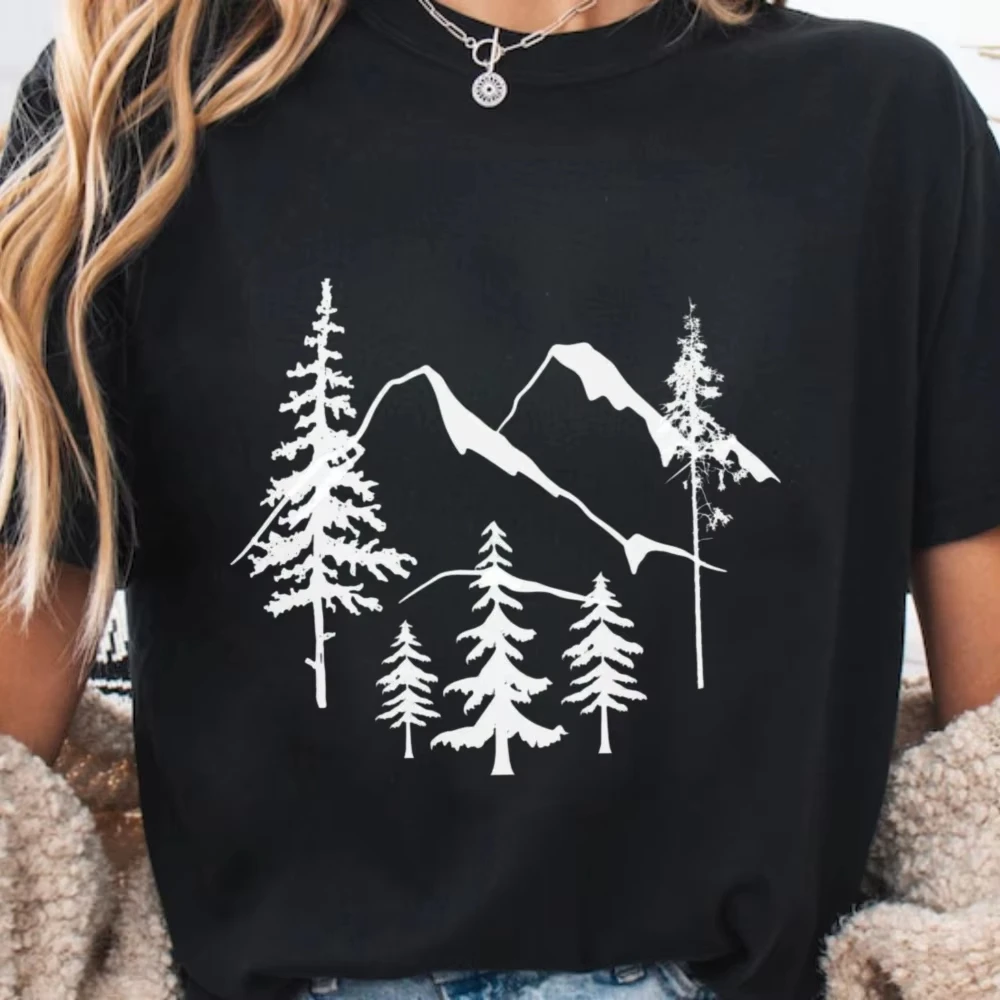 Snow Mountain Silhouette Graphic T Shirt Women Simple Wilderness Print Tee Summer Cotton Short Sleeve Forest Nature Daily Tops