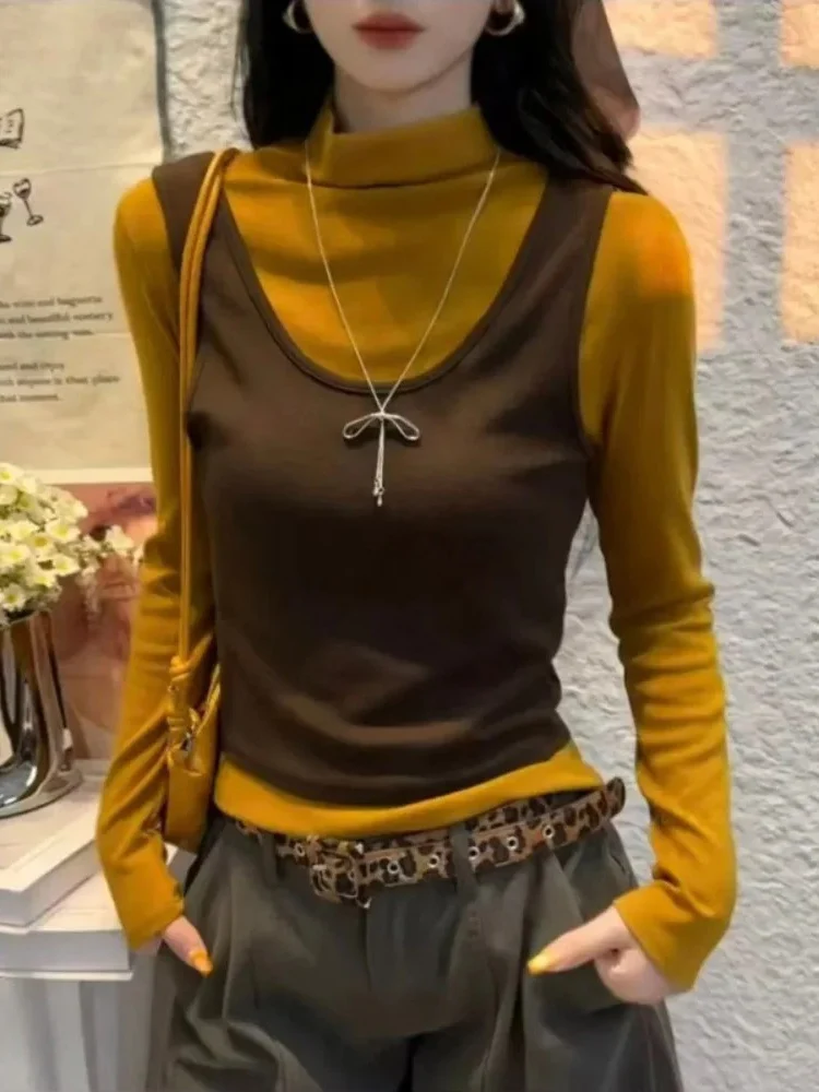 2025 جديد الخريف الشتاء قطعتين الياقة المدورة طويلة الأكمام الصلبة الحد من العمر قميص سليم كل مباراة مودا سترة قصيرة #2