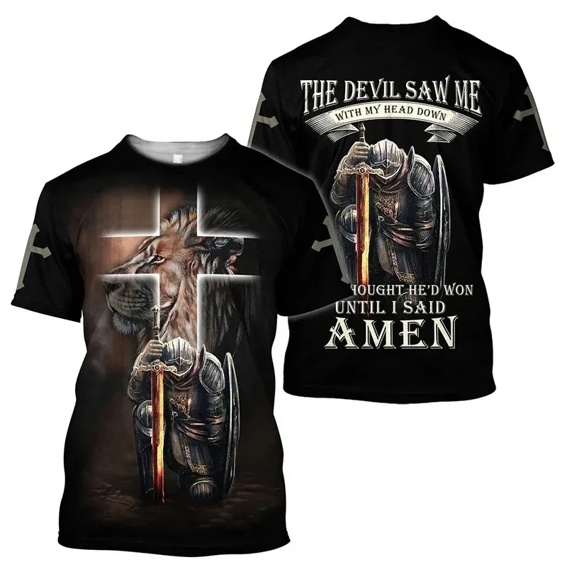 Camiseta masculina Jesus Cruz Leão Estampada 3D, Crusader Templário, gola redonda, manga curta, personalidade atraente, top diário casual, moda