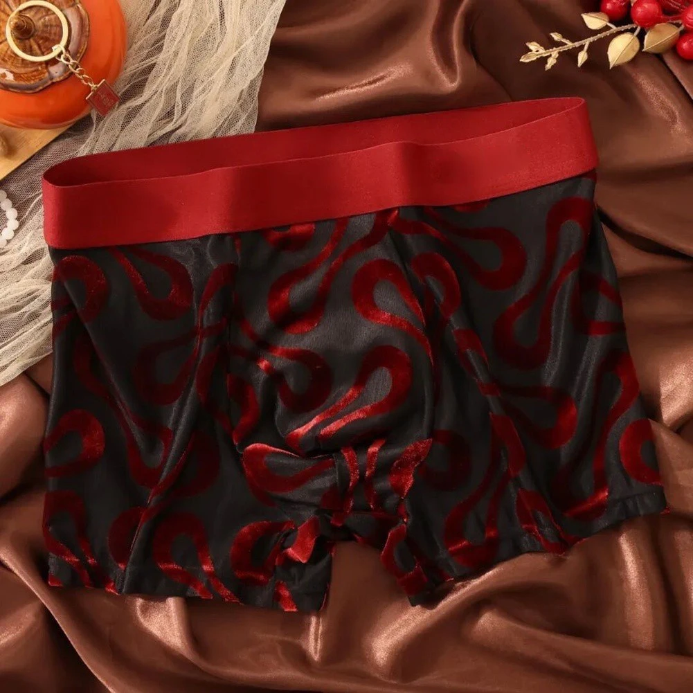 Men Boxer Underwear Velvet Flocked Print Mesh Boxer Shorts Bulge Pouch Underwear Elastic Trunks Underpant