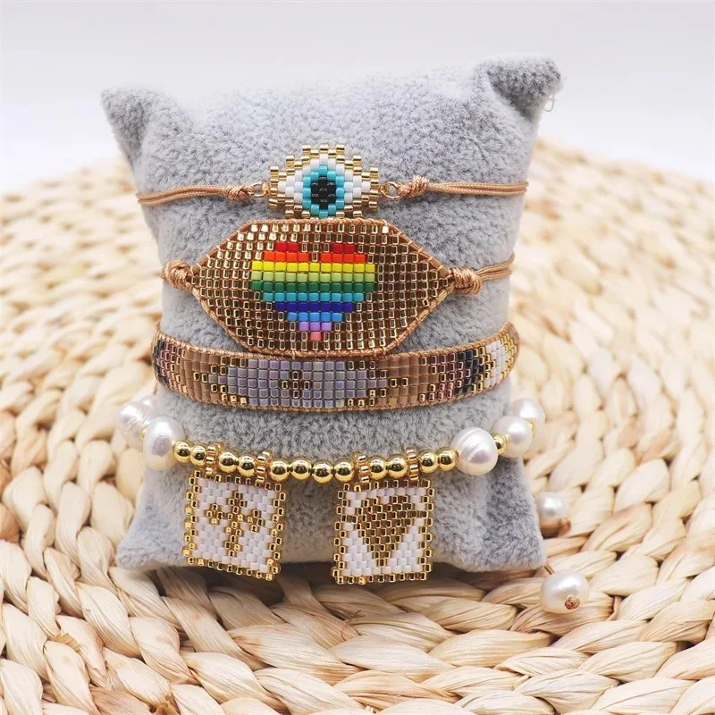 Rice bead bracelet Originality Heart Design Geometry Human face Eye Hand knitting Bohemia Fashion Simple Beaded bracelet set