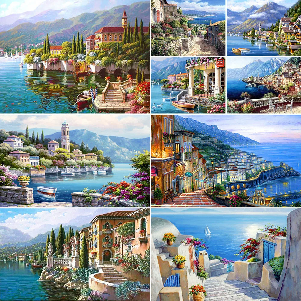 Meian 11/14CT Embroidery Painting Seaside Town Landscape Cross Stitch Kits DMC Printed Canvas DIY Handmade Home Decoration