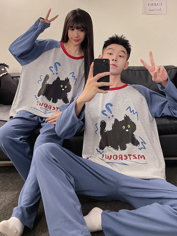DAIMELU cartoon spring sleepwear autumn couple pajamas set women's thin cotton long-sleeved round neck men's loungewear suit