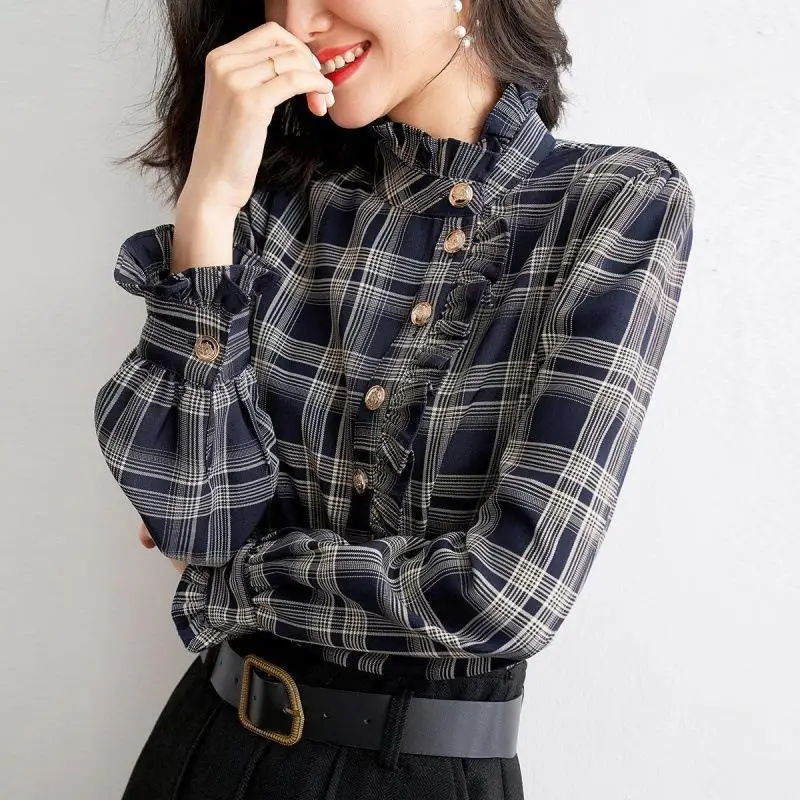 Fashion Printed Button Ruffles Plaid Shirt Women's Clothing 2022 Autumn New Loose Casual Tops All-match Commute Blouse