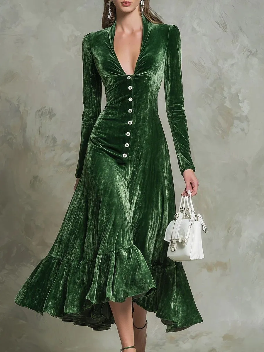 Neue Retro Feste Hohe Taille Gefaltetes Samt Kleid Frau Sexy Tiefem V-ausschnitt Schaukel Langes Kleid Frühling Lange Hülse Lose Maxi Kleid
