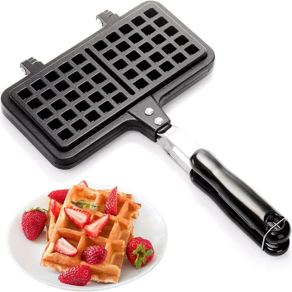 

Cast Aluminum Waffle Baking Pan Long Handle Rectangle Waffle Maker Machine Heat-resistant Double-Sided Waffle Mold Pan