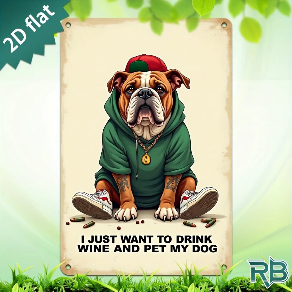 New Trendy HD Metal Wall Art - Vintage Retro Hipster Bulldog Wearing Green Hoodie, Red Cap, Gold Chain, Sneakers with 