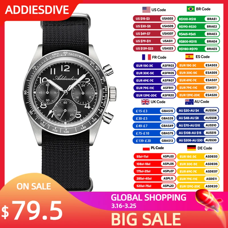 

ADDIESDIVE New Men Watch VK63 Chronograph Quartz Ceramic Bezel 100m Waterproof Luminous Stainless Steel Luxury Wristwatch Men
