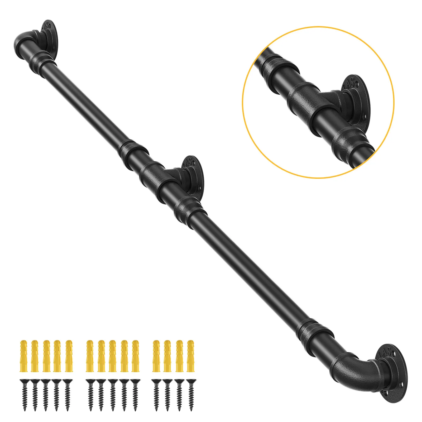 Corrimão industrial montado na parede da escada do loft do ferro de 2m, trilho preto da tubulação de aço inoxidável, corrimão interno da capacidade de carga da escada 550lbs