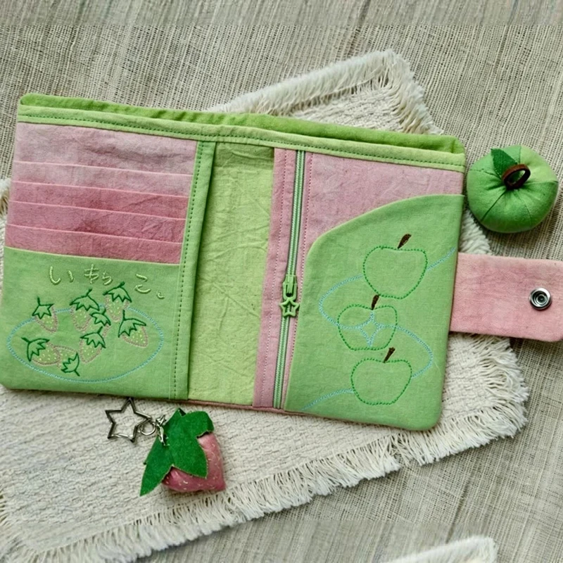 Cute Fruit Embroidery Card Holder Snap‑button Passport Cover Lightweight Travel Document Pouch Portable Bank Card Storage Wallet